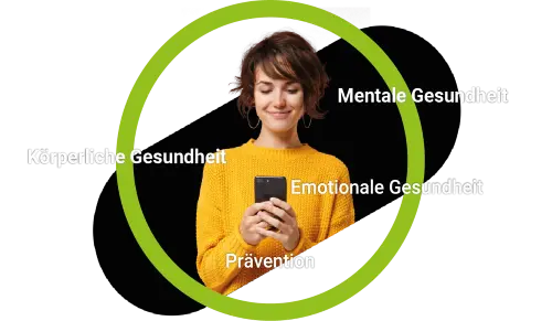 woman holding phone within green circle